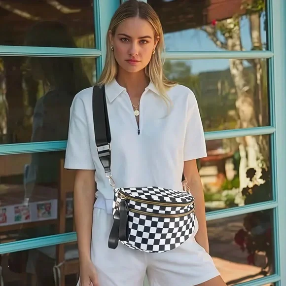 Checkered Black and White Women's Crossbody Bag - Picture 1 of 9